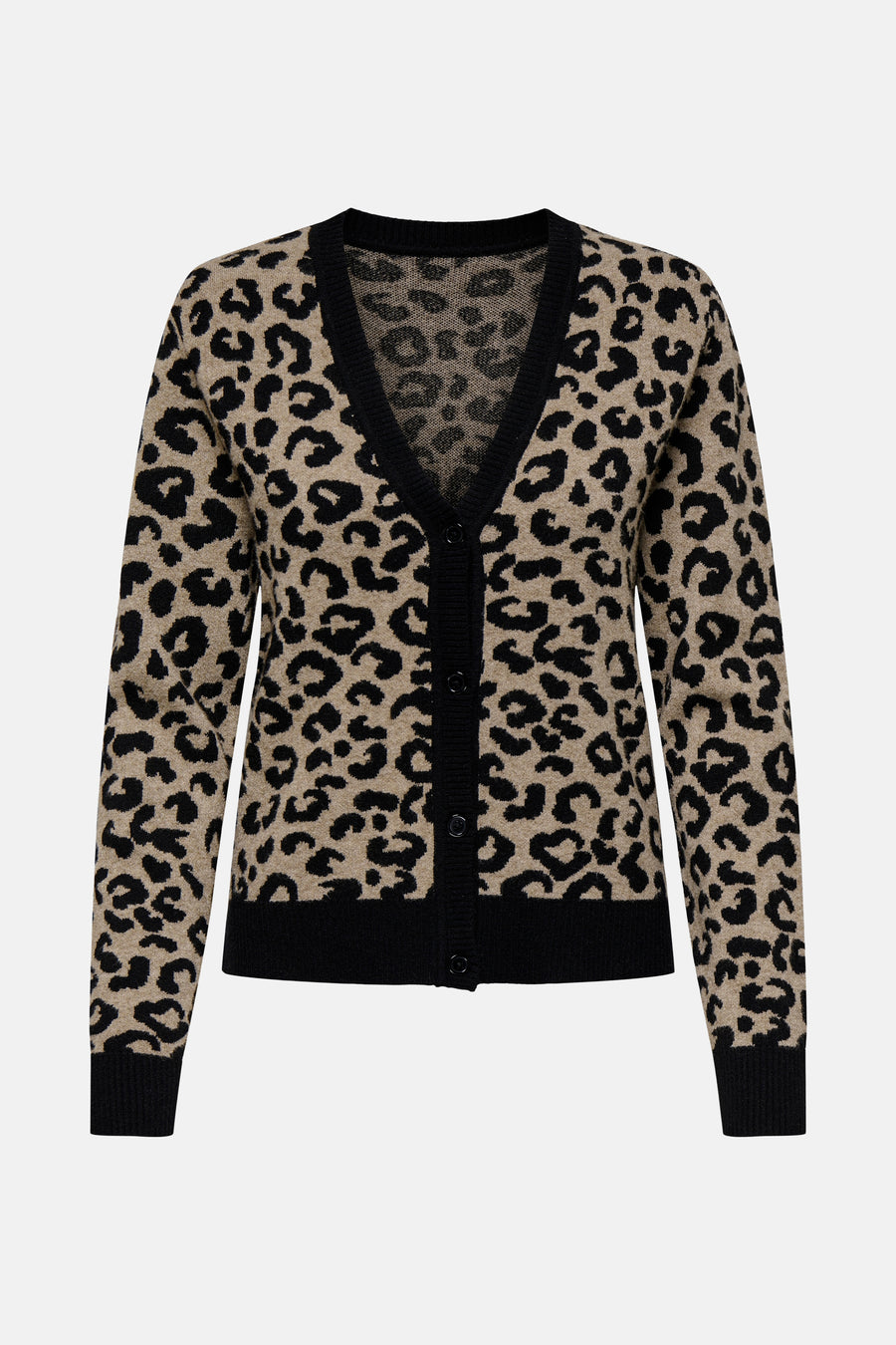 Cardigan multicolore de ONLY® avec motif léopard, manches longues et fermeture boutonnée sur le devant.