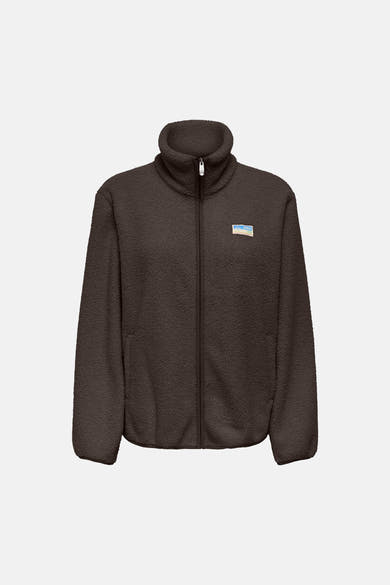 Chocolate brown textured fleece gilet by ONLY with stand-up collar, front zipper, and chest patch logo, front view.