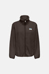 Chocolate brown textured fleece gilet by ONLY with stand-up collar, front zipper, and chest patch logo, front view.
