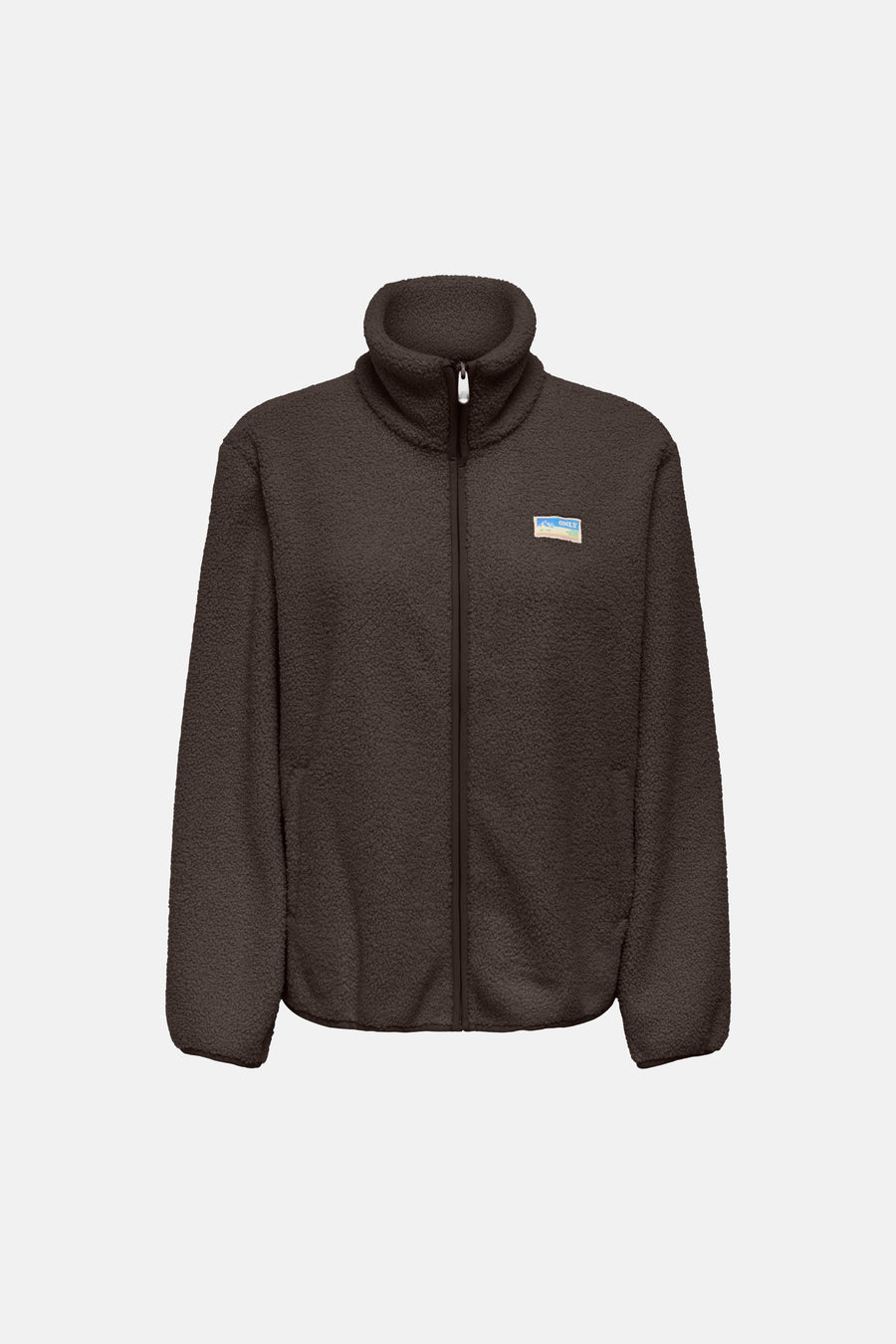 Chocolate brown textured fleece gilet by ONLY with stand-up collar, front zipper, and chest patch logo, front view.