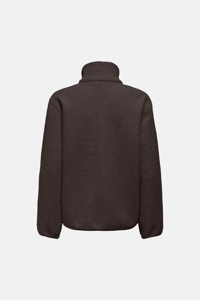 Chocolate brown textured gilet with high collar and relaxed fit, back view, soft fleece material