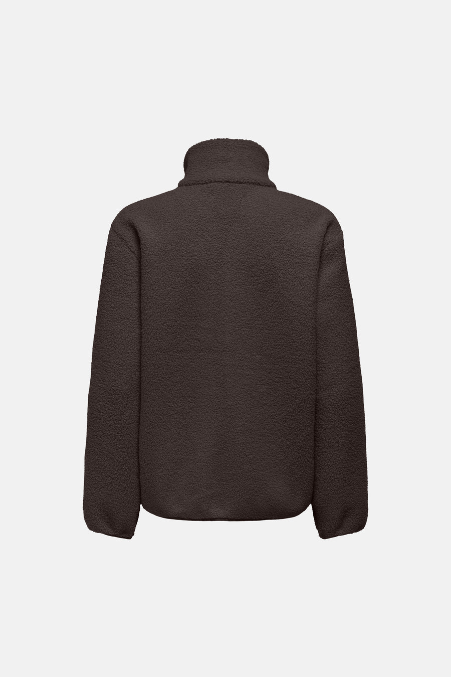 Chocolate brown textured gilet with high collar and relaxed fit, back view, soft fleece material