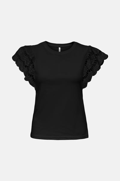 T-shirt noir à manches courtes de ONLY agrémenté de détails en dentelle sur les manches bouffantes.
