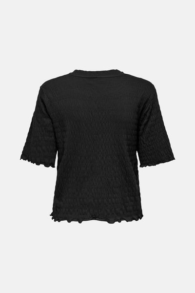 T-shirt uni noir à manches courtes de ONLY, avec une texture gaufrée et ourlet ondulé.