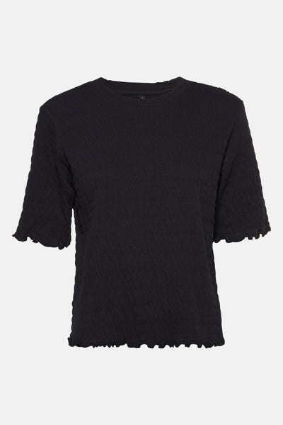 T-shirt noir à manches courtes de ONLY, avec une texture gaufrée et un ourlet ondulé.