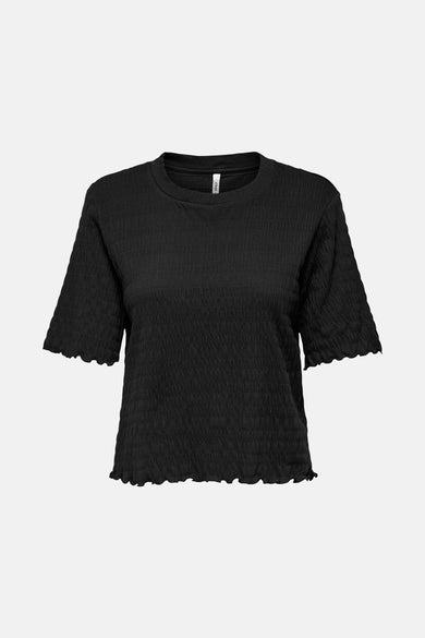 T-shirt noir à manches courtes de ONLY, avec une texture gaufrée et un ourlet festonné.
