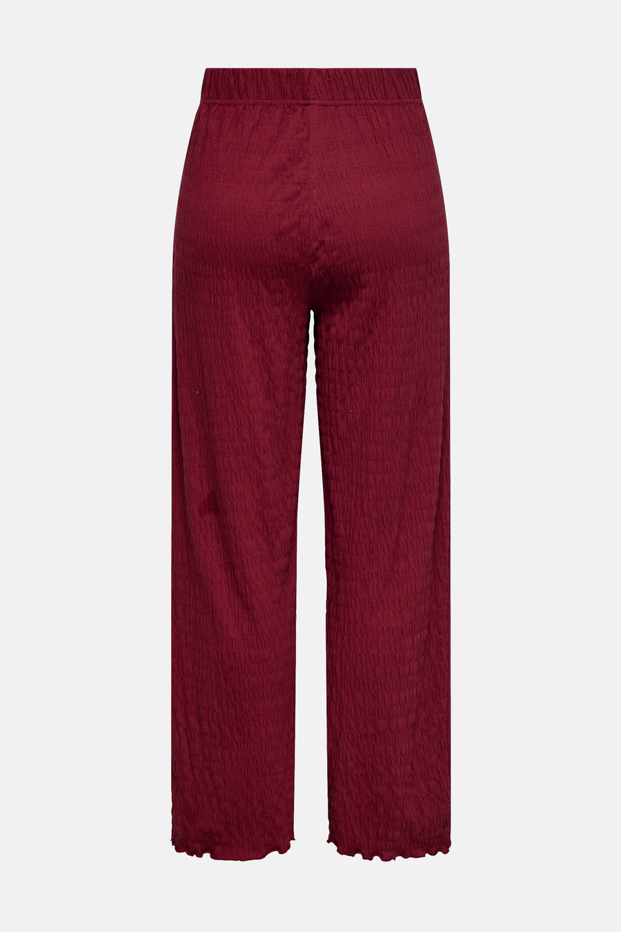 Bordeaux ONLY broek, met wafeltextuur en elastische tailleband.