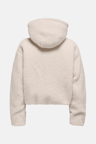 Ecru korte jas van ONLY, in imitatie shearling met capuchon, van achteren gezien.