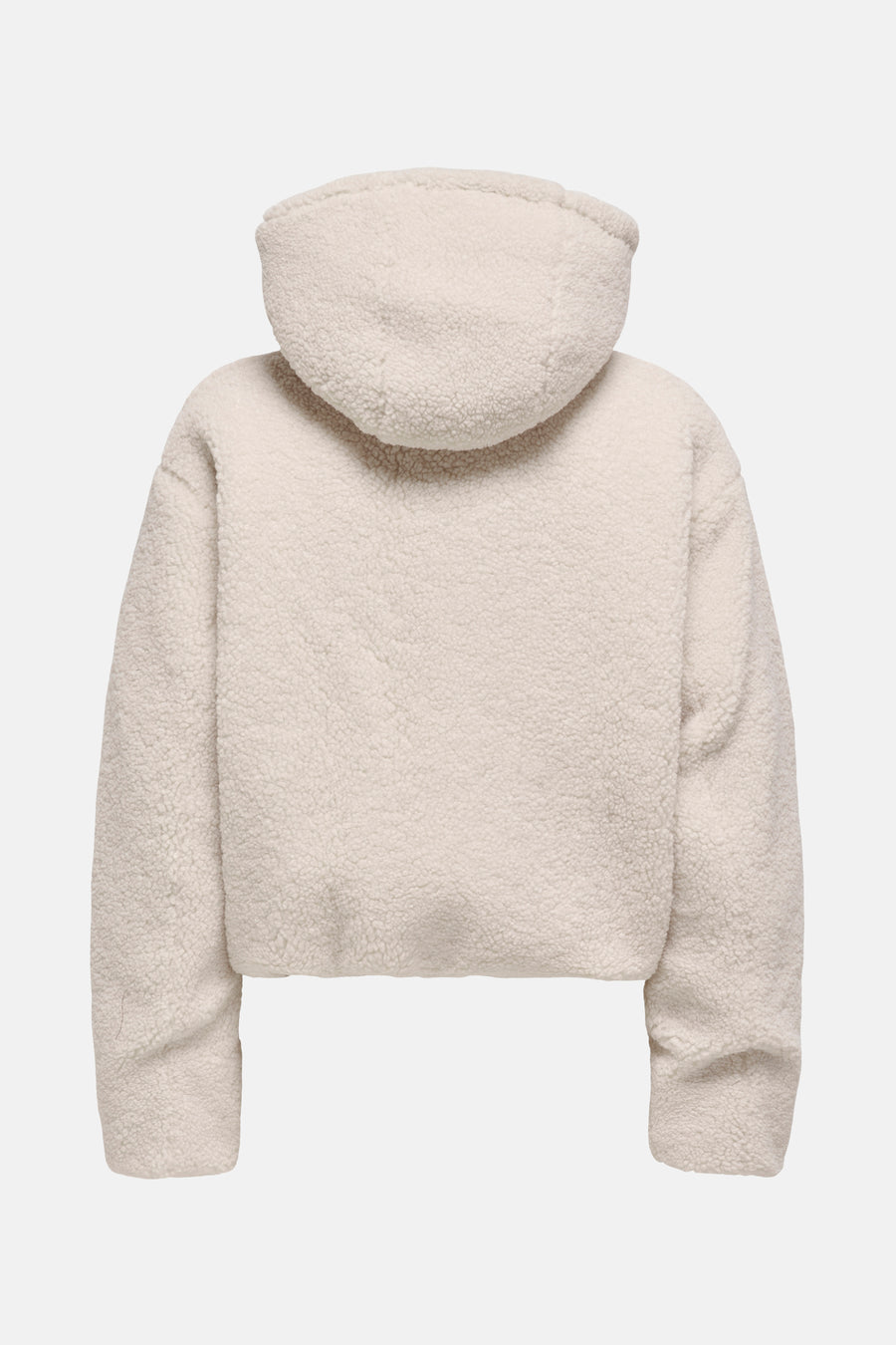 Ecru korte jas van ONLY, in imitatie shearling met capuchon, van achteren gezien.