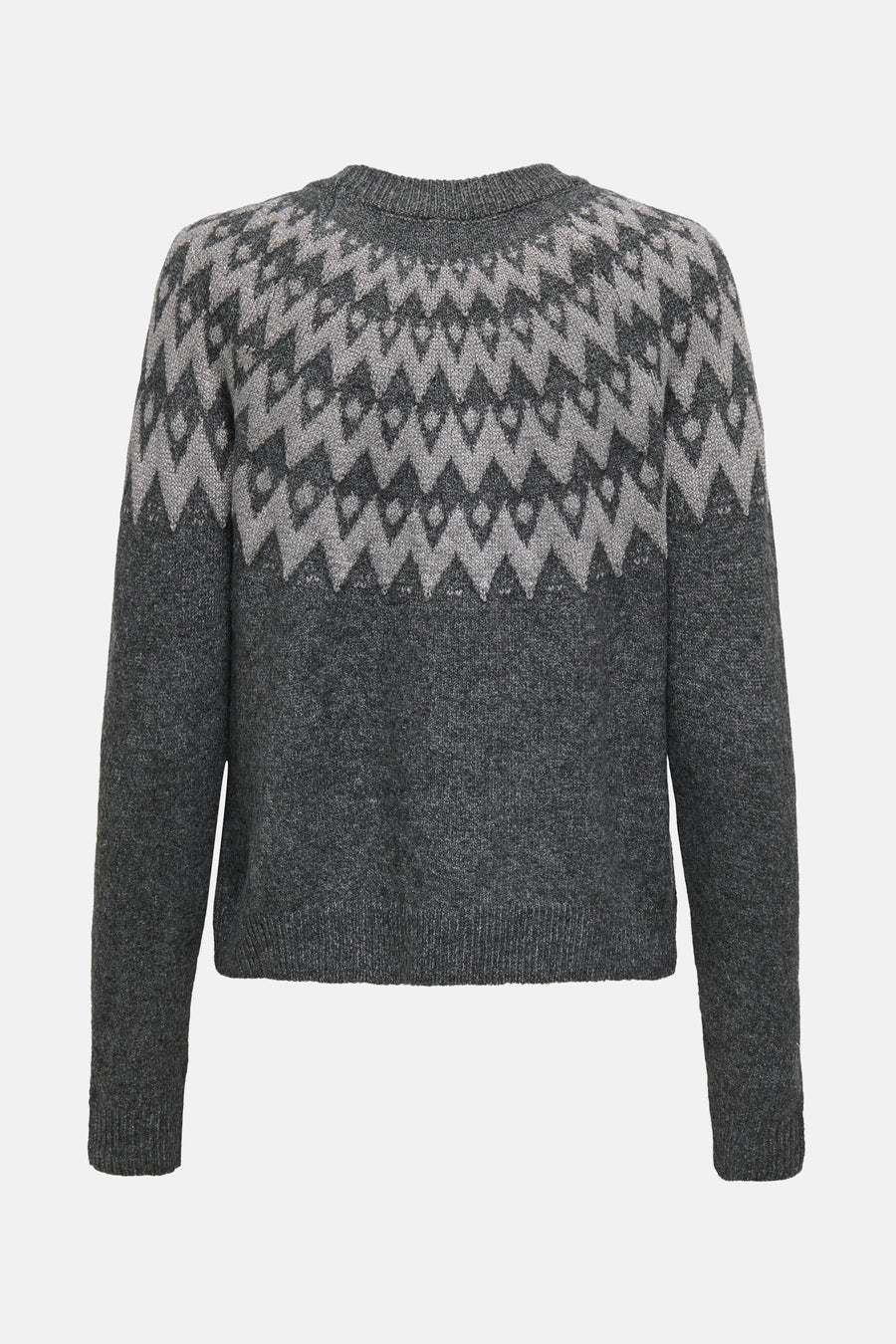 Pull à col rond gris par ONLY®, avec motif jacquard en dégradé de gris sur le haut.