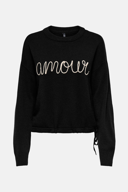Pull noir à col rond de ONLY, orné du mot « amour » en cursive à l'avant, avec cordon de serrage à la base.
