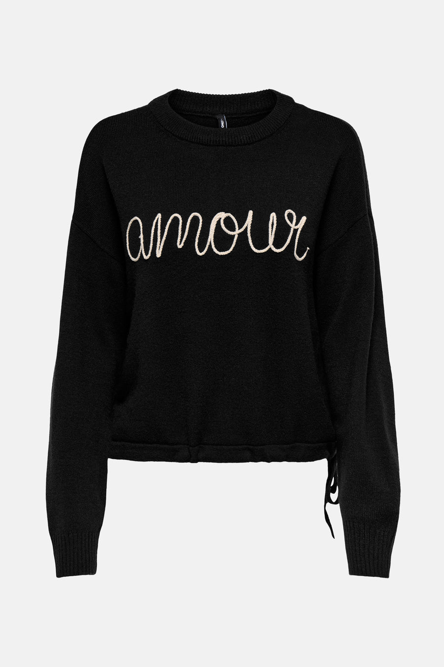 Pull noir à col rond de ONLY, orné du mot « amour » en cursive à l'avant, avec cordon de serrage à la base.
