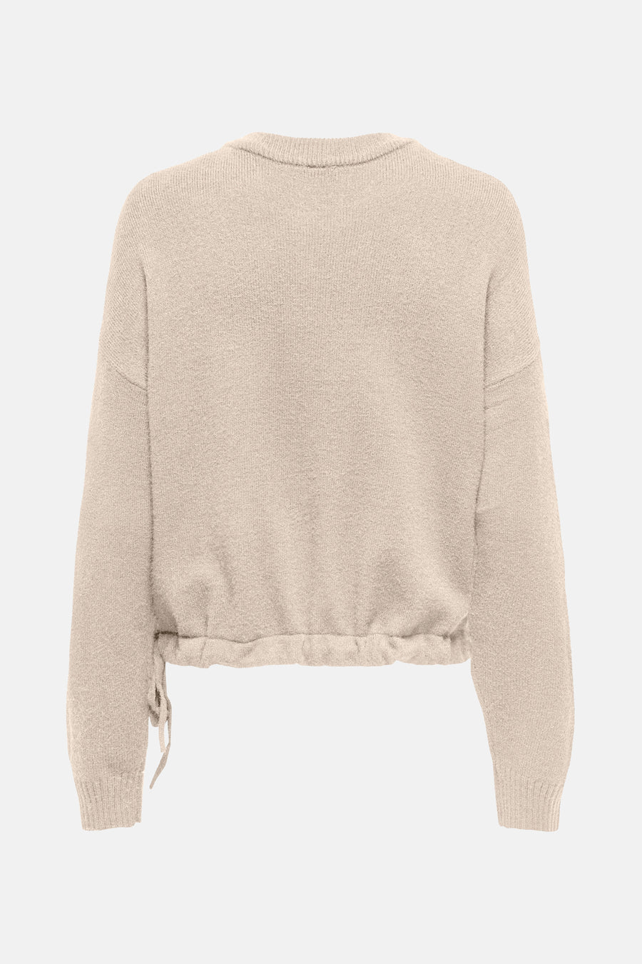 Pull à col rond beige de ONLY, avec cordon de serrage à la base et texture tricotée.

