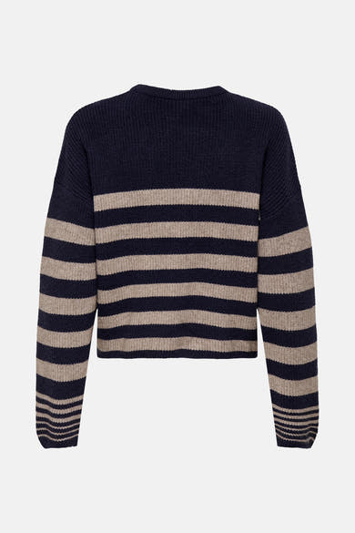 Pull à col rond bleu de ONLY®, à rayures horizontales beige et coupe courte.
