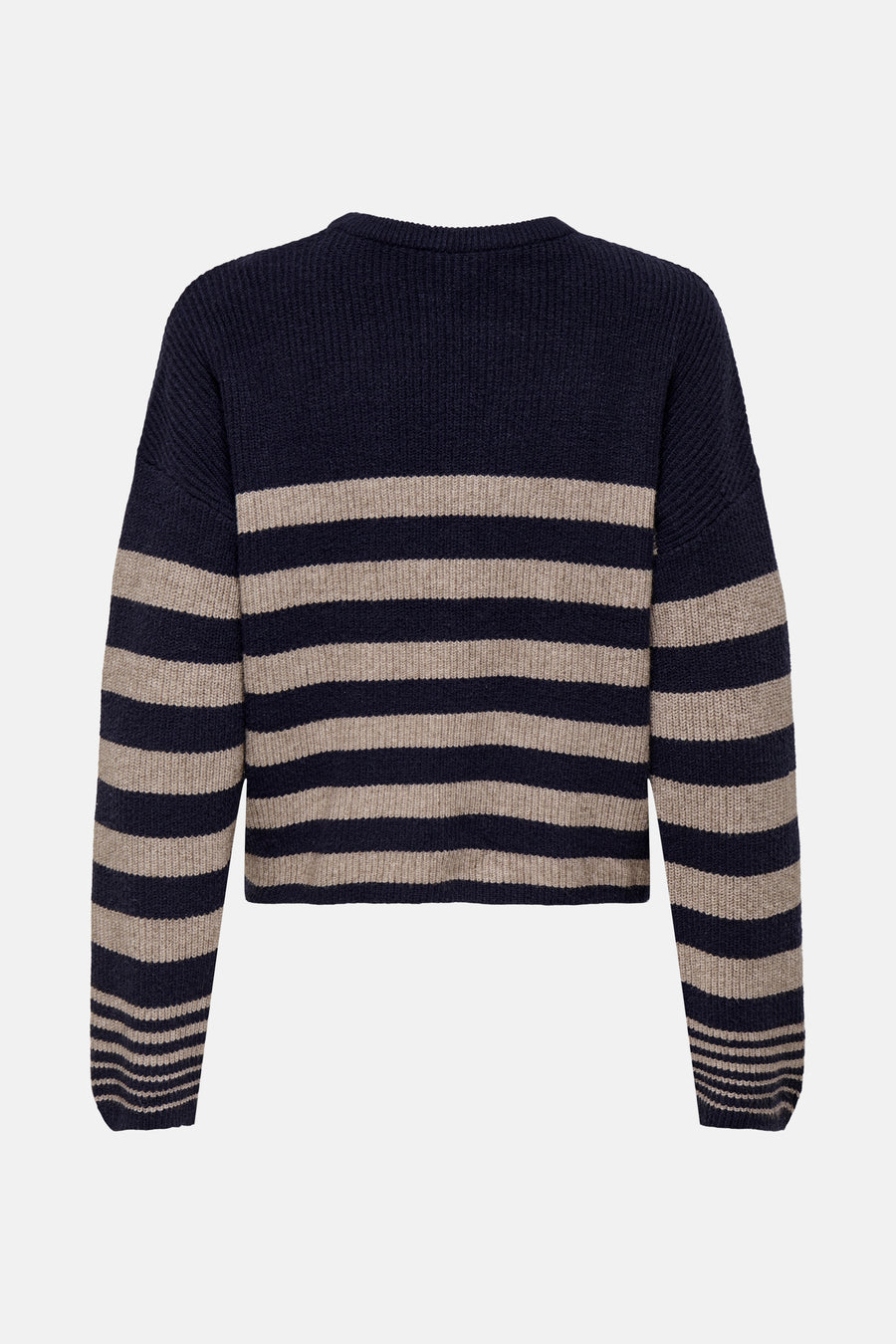 Pull à col rond bleu de ONLY®, à rayures horizontales beige et coupe courte.
