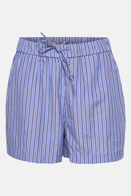 Korte blauwe gestreepte short van ONLY met fijne zilveren pailletten, met een elastische tailleband met trekkoord.