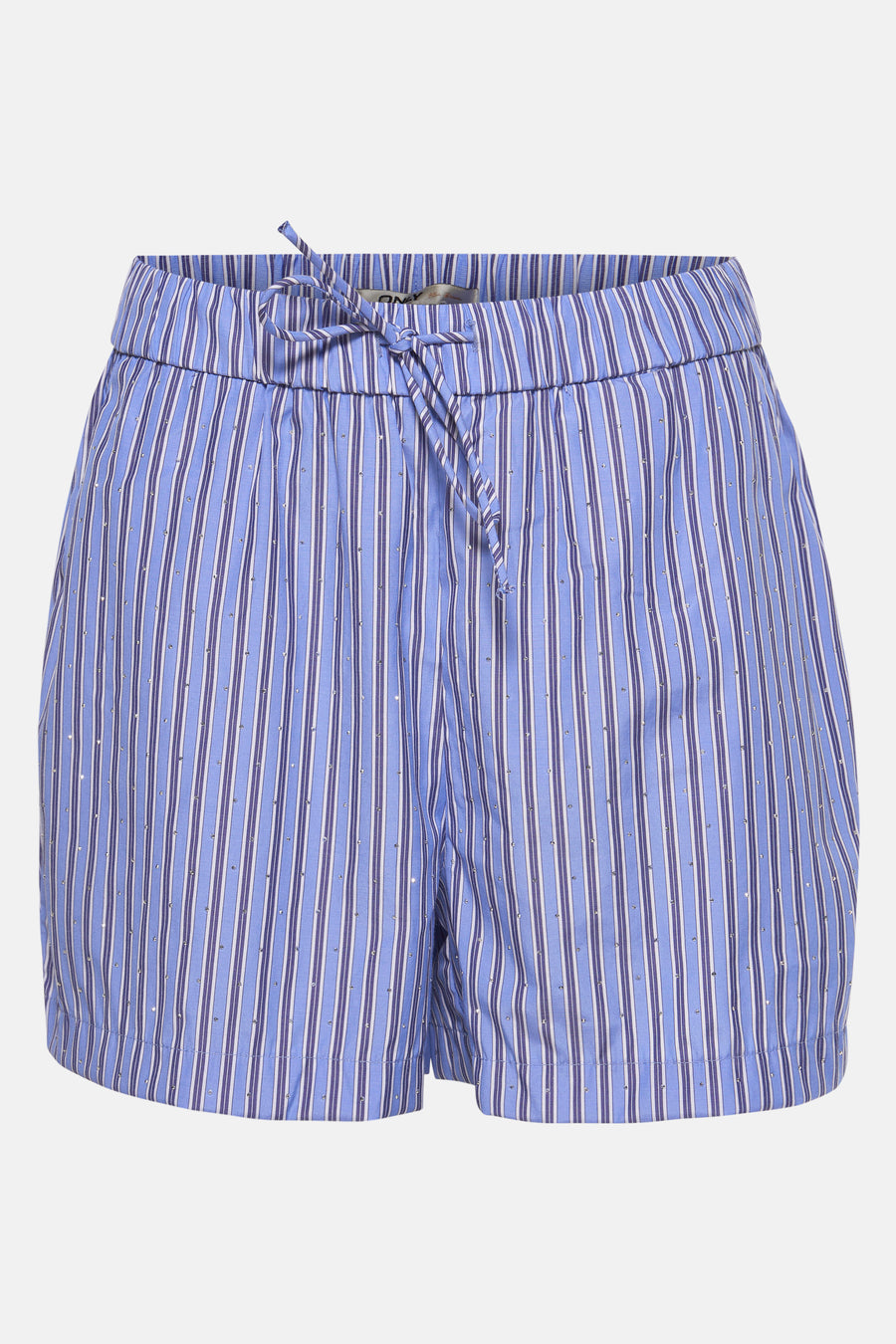 Short bleu rayé de ONLY agrémenté de fines paillettes argentées, avec une taille élastique à cordon.