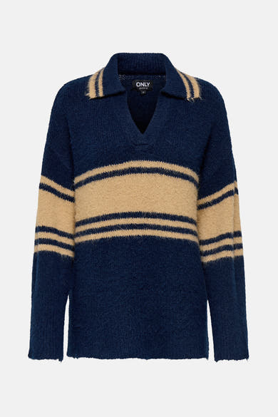 Pull bleu rayé en maille douce de ONLY, avec col polo et rayures beiges horizontales.
