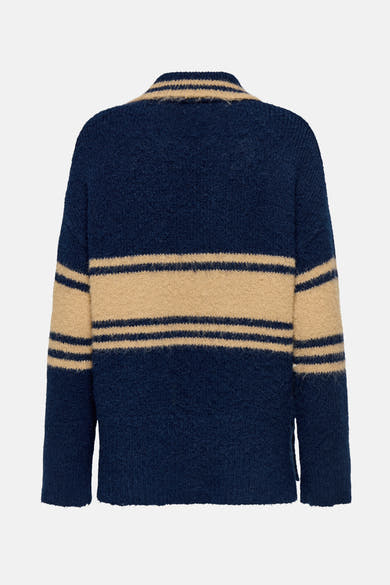 Pull bleu rayé de ONLY®, vue arrière, avec rayures beiges et col montant.
