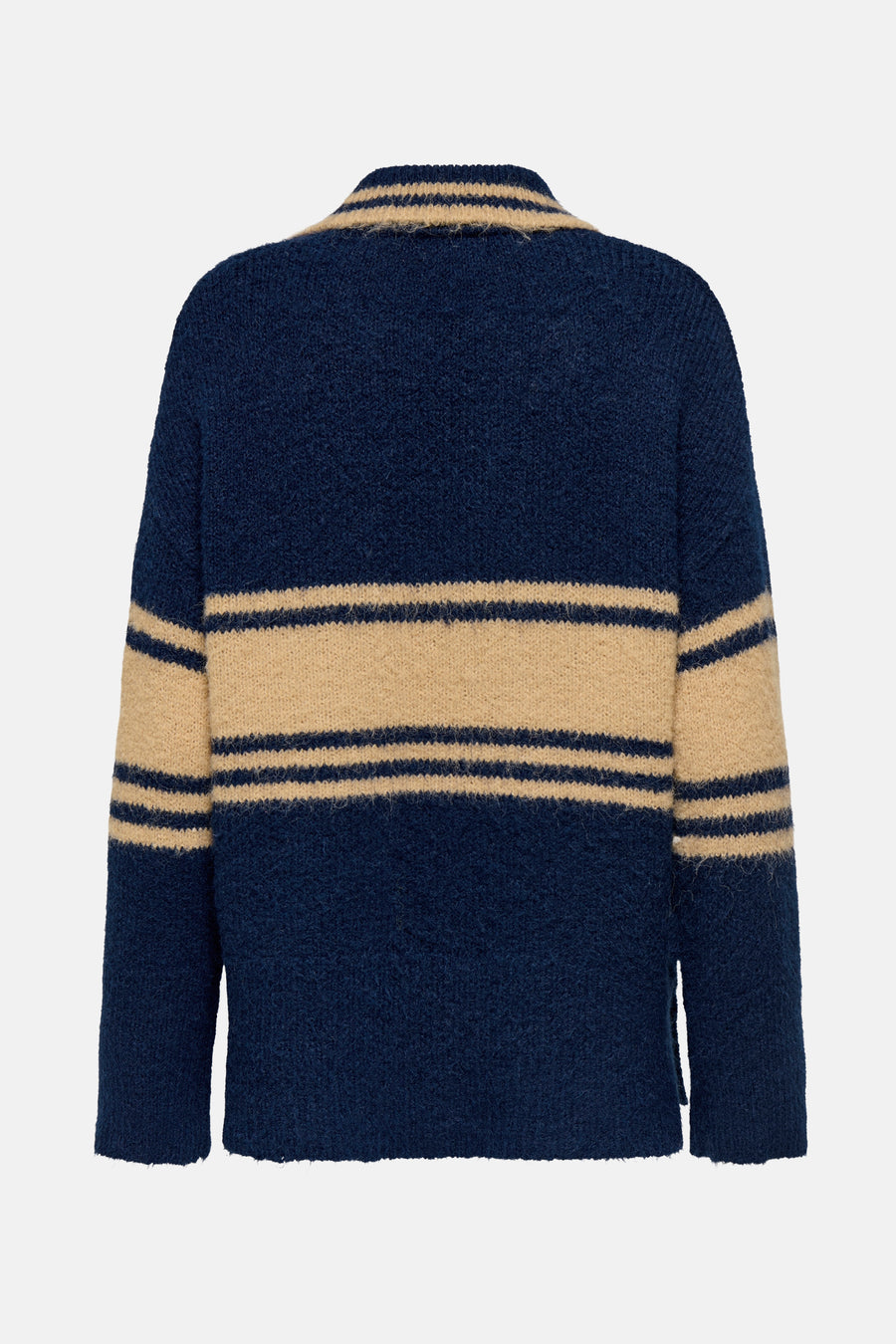 Pull bleu rayé de ONLY®, vue arrière, avec rayures beiges et col montant.
