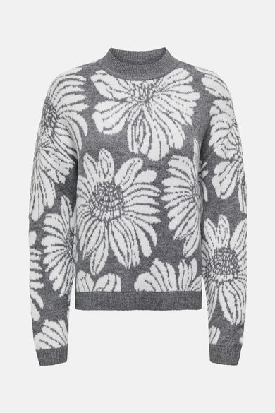 Pull à col rond gris de JDY avec un motif floral blanc sur toute la surface.