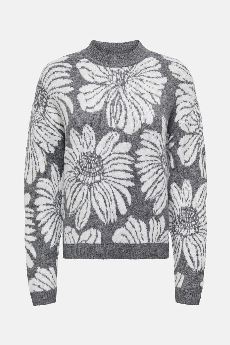 Pull à col rond gris de JDY avec un motif floral blanc sur toute la surface.