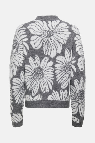 Pull à col rond gris de JDY, à motif floral blanc sur l'ensemble et manches longues.
