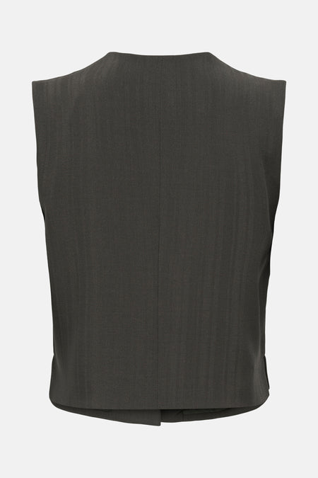 Bruin vest van ONLY, achterkant, met een subtiel fijn streepmotief.