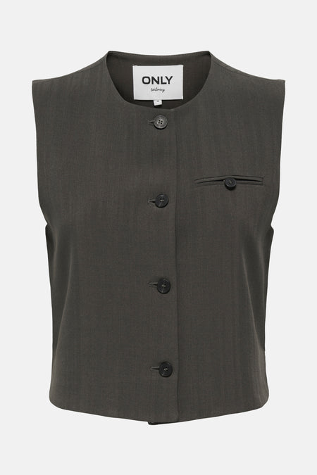 Bruin gestreept gilet van ONLY, met een borstzak met knoop en een sluiting met vier knopen.