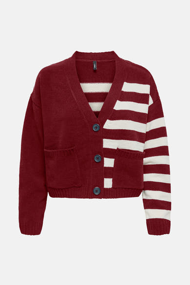 Rode gebreide cardigan van ONLY, met witte strepen op één mouw en twee opgestikte zakken.