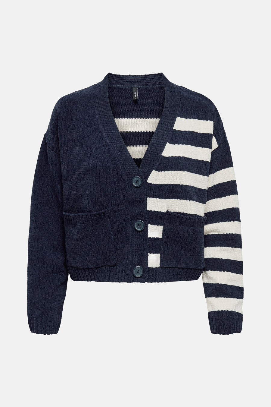 Cardigan bleu en maille by ONLY, avec motif rayé blanc et poches plaquées.