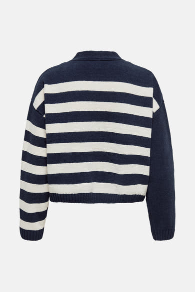 Cardigan bleu rayé by ONLY® en tricot, avec un col et des manches longues.