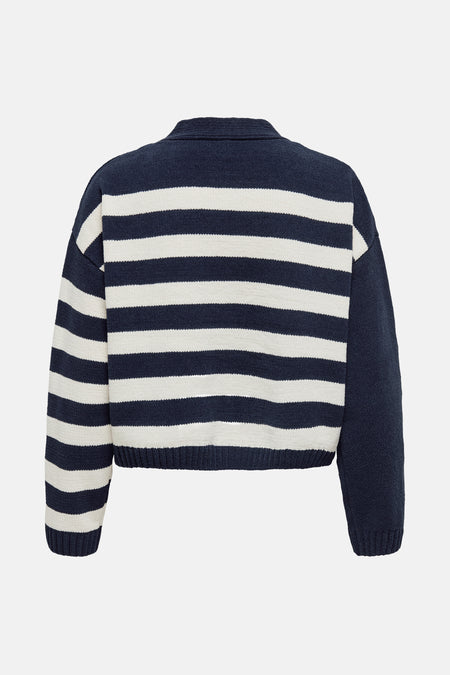 Cardigan bleu rayé by ONLY® en tricot, avec un col et des manches longues.
