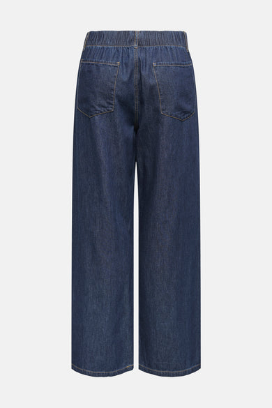 Jean large en denim bleu foncé de JDY, avec une taille élastiquée et des poches arrière.