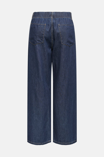Jean large en denim bleu foncé de JDY, avec une taille élastiquée et des poches arrière.