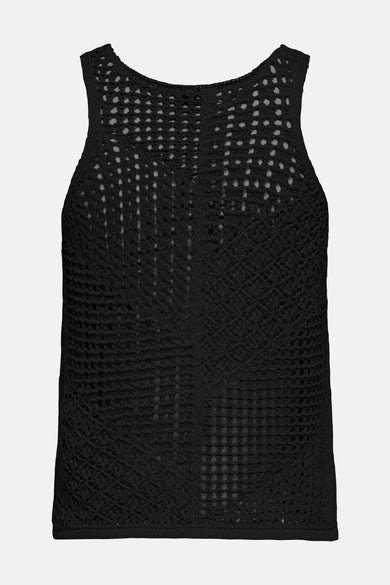 Zwarte gehaakte tanktop van JDY, met een ingewikkeld opengewerkt patroon en gebreide textuur.