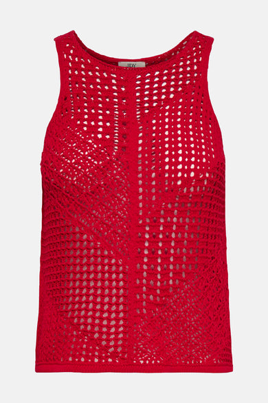 Rood mouwloos topje van JDY in opengebreide stof, met een gehaakte textuur en een geometrisch patroon.