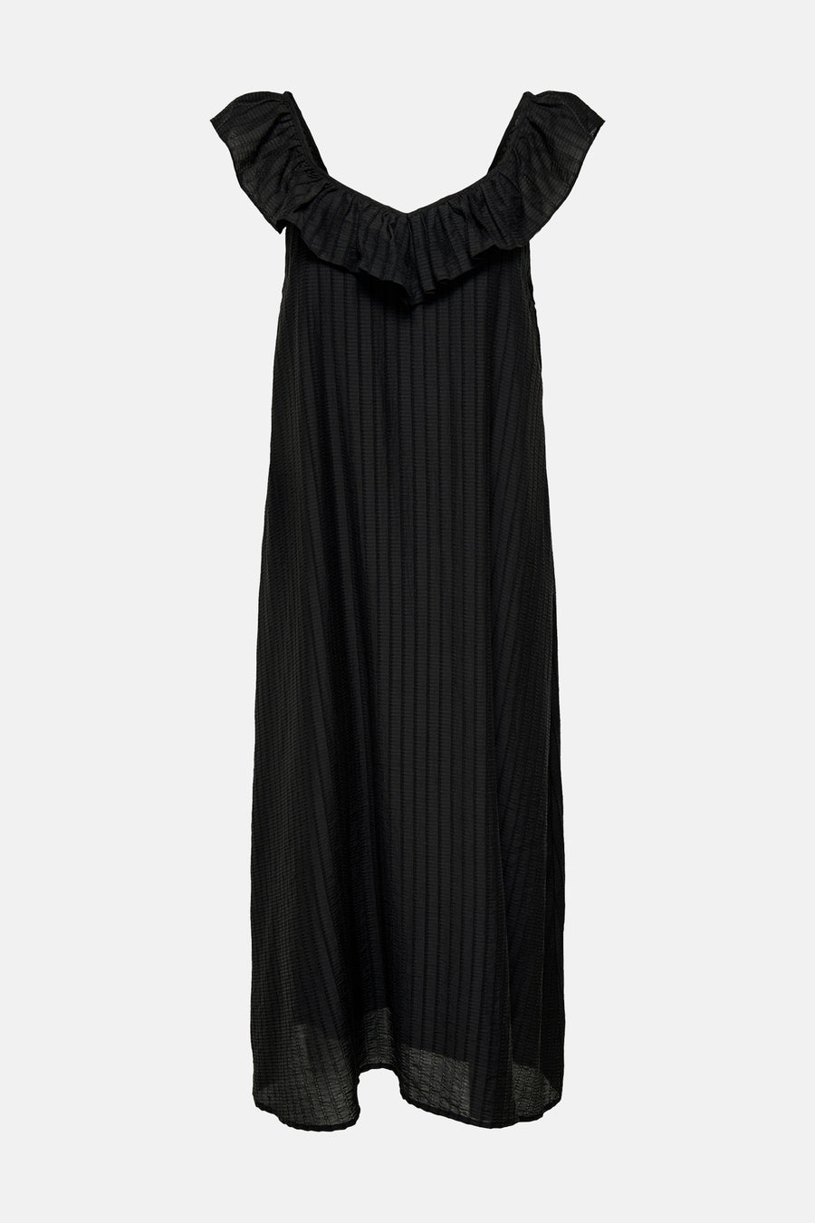 Robe noire froncée de JDY, coupe ample, avec volant décoratif sur le haut.