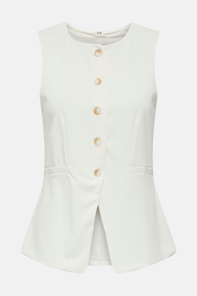 JDY wit gilet met een uitlopende pasvorm, beige knopen en paspelzakken.