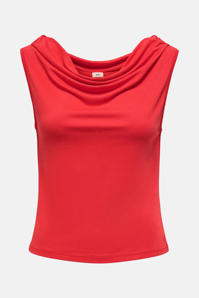 Top rouge sans manches de JDY, avec un col drapé et une coupe ajustée.