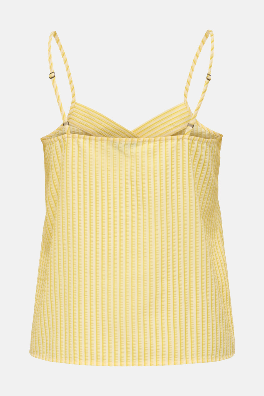 Gele mouwloze blouse van JDY met verticale strepen en verstelbare bandjes, achterzicht.