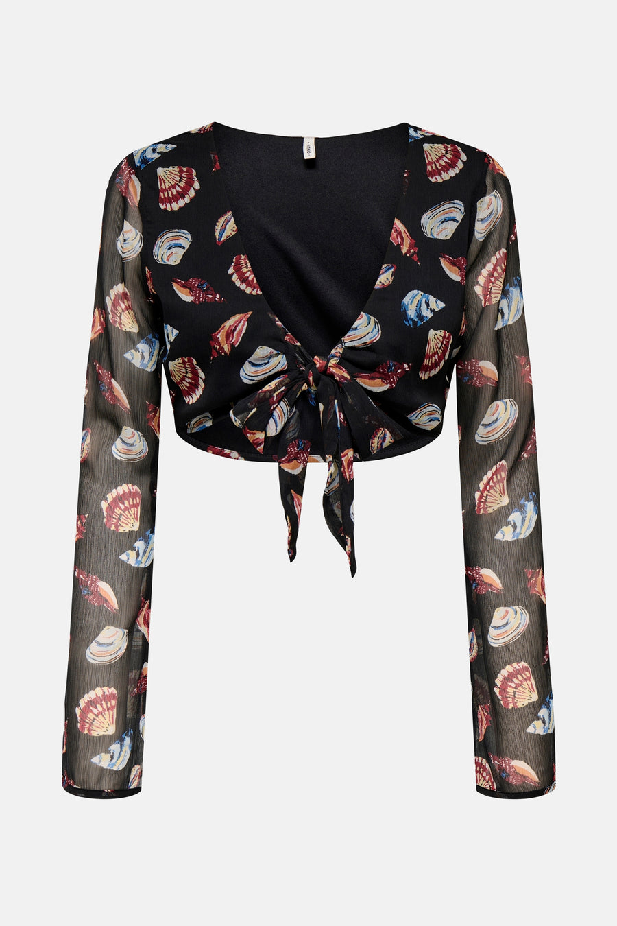 Blouse noire à manches longues de ONLY, ornée d'un motif coquillage multicolore et d'un nœud décoratif.
