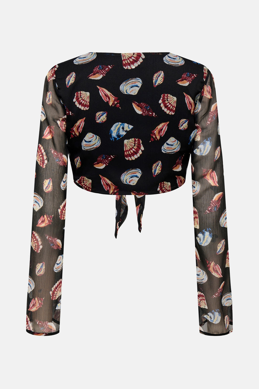 Blouse noire à manches longues par ONLY®, avec motif coquillage multicolore et détail noué au dos.
