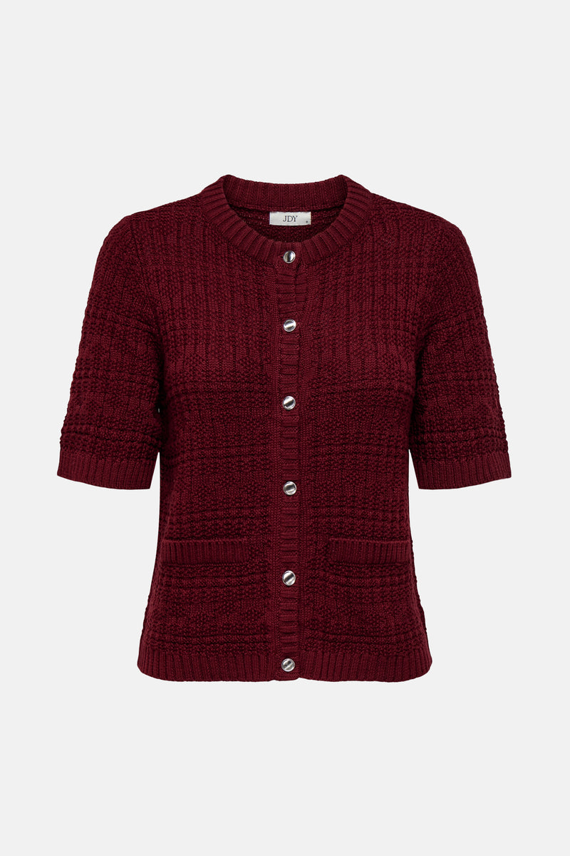 Bordeaux gebreid vest met textuur van JDY met zilveren knoopsluiting en opgestikte zakken.