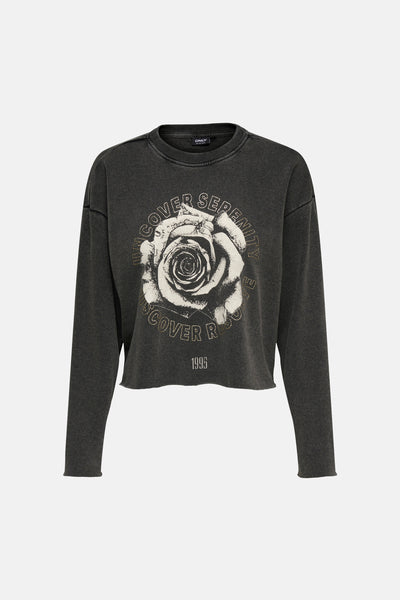 Sweat noir à col rond de ONLY, orné d'un imprimé de rose vintage et de l'inscription "1995".