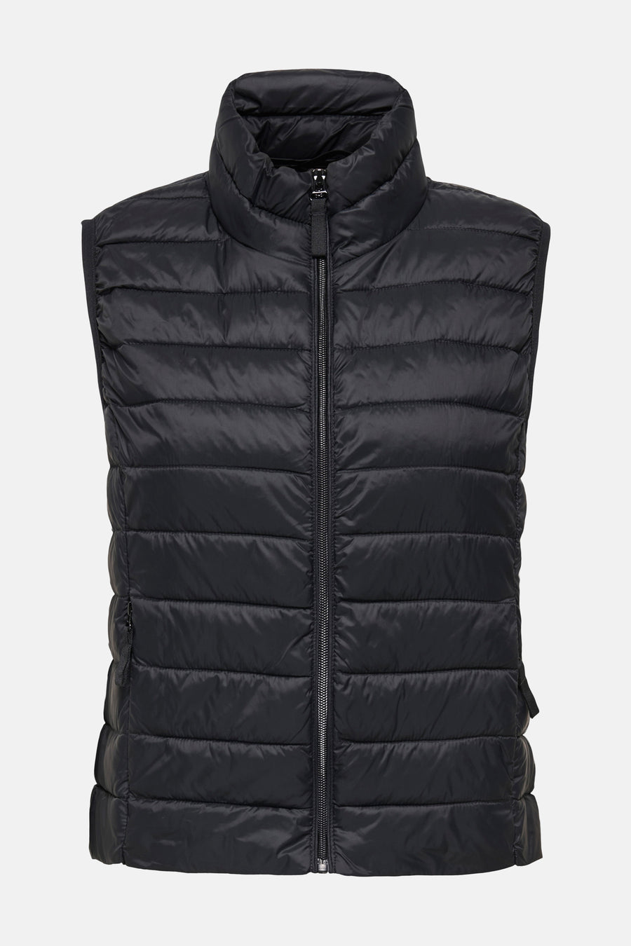 Zwart mouwloos vest van ONLY, met ritssluiting over de gehele lengte en opstaande kraag.