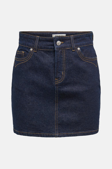 Korte donkerblauwe spijkerrok van ONLY, met zakken en contrasterende karamelkleurige stiksels.