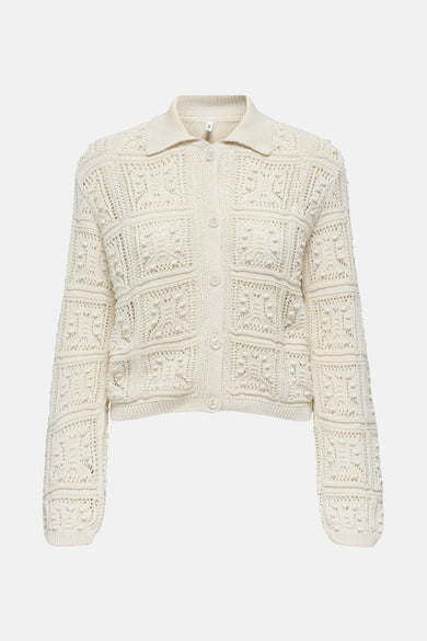 Ecru vest van ONLY, in opengebreide stof met een ruitpatroon en een knoopsluiting.