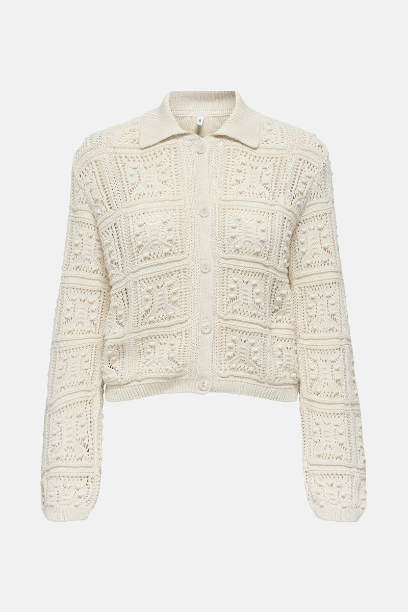 Ecru vest van ONLY, in opengebreide stof met een ruitpatroon en een knoopsluiting.