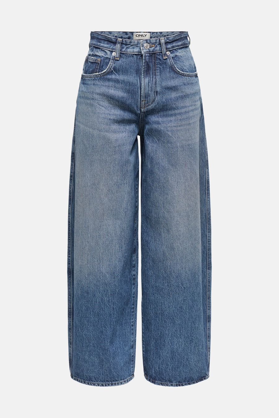 Dark blue wide-leg denim jeans by ONLY, featuring a high waist, classic five-pocket design, and faded wash with subtle whiskering.